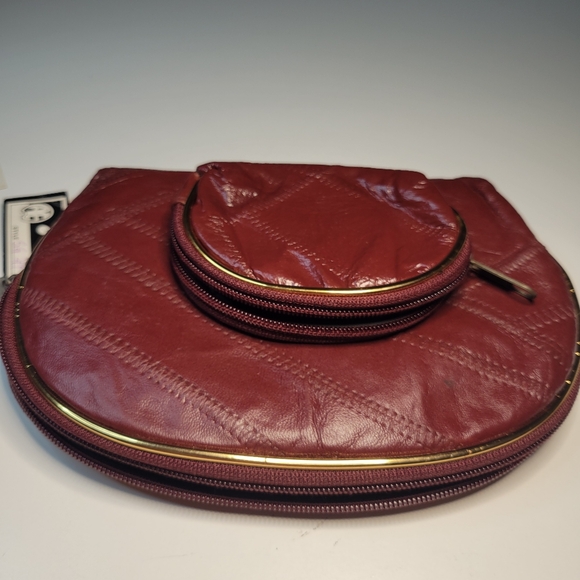 Vintage Set 4 Burgundy Red Leather Patchwork Zip Cosmetic Bag Coin Purse Makeup - Picture 9 of 11